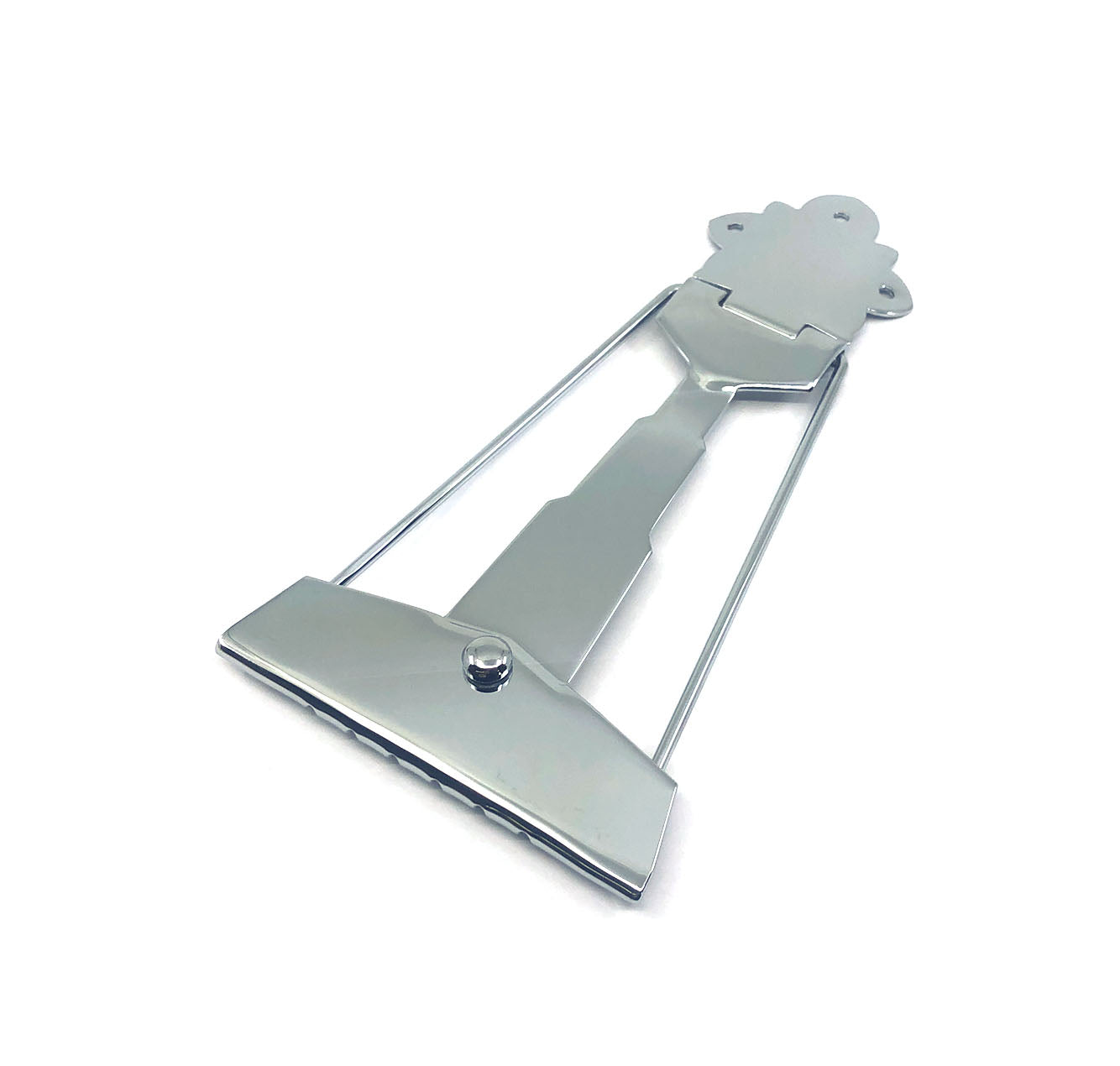 Silver-colored metal tailpiece for a guitar with an archtop design.