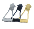 Three metal tailpieces in silver, black, and gold colors with open triangular design.