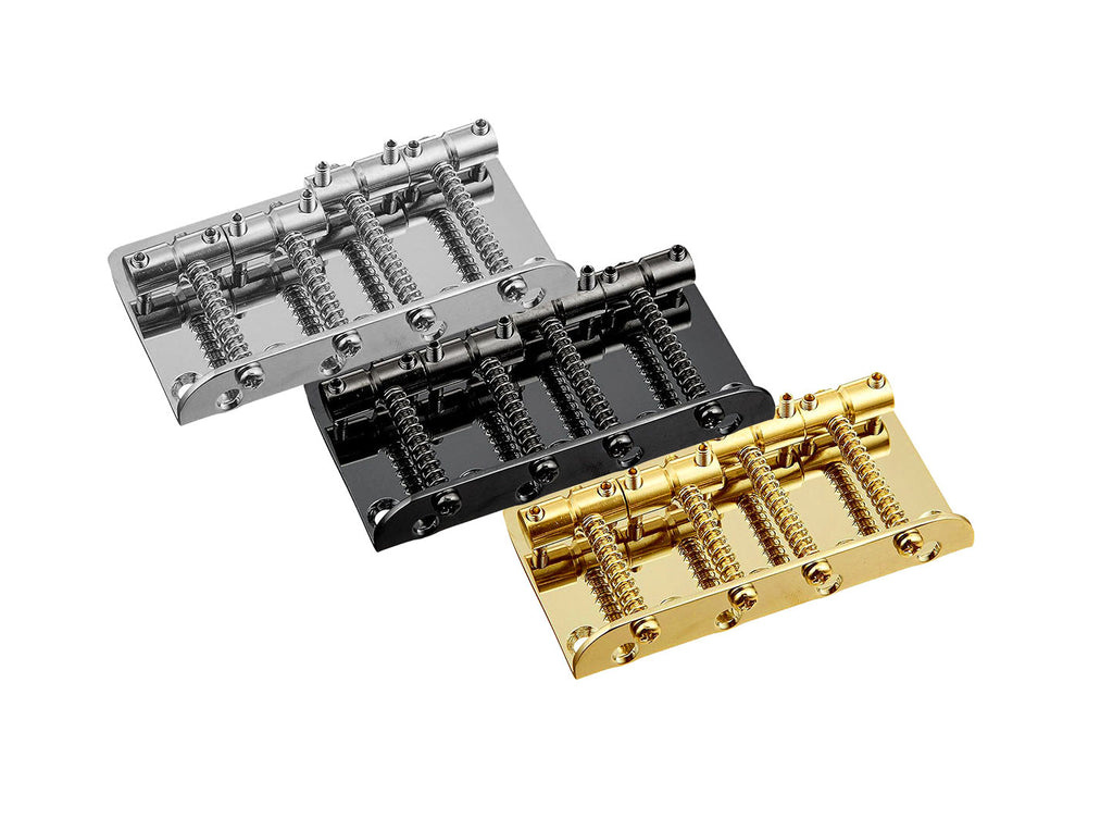 Three adjustable bass bridges in silver, black, and gold finishes arranged overlapping on a white background.