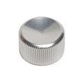 Polished silver metal control knob with vertical ridges on the side and smooth top surface.