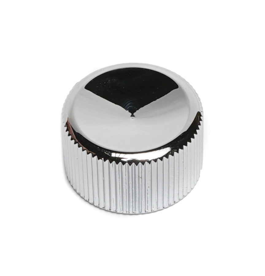 A single polished metal knob with a ridged side and flat top on a white background.