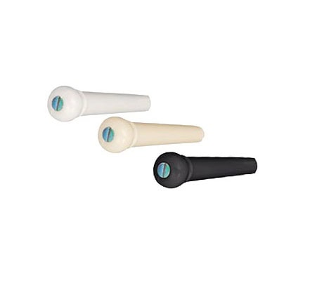 Three bridge pins for stringed instruments in white, beige, and black with blue abalone inlay dots on top.