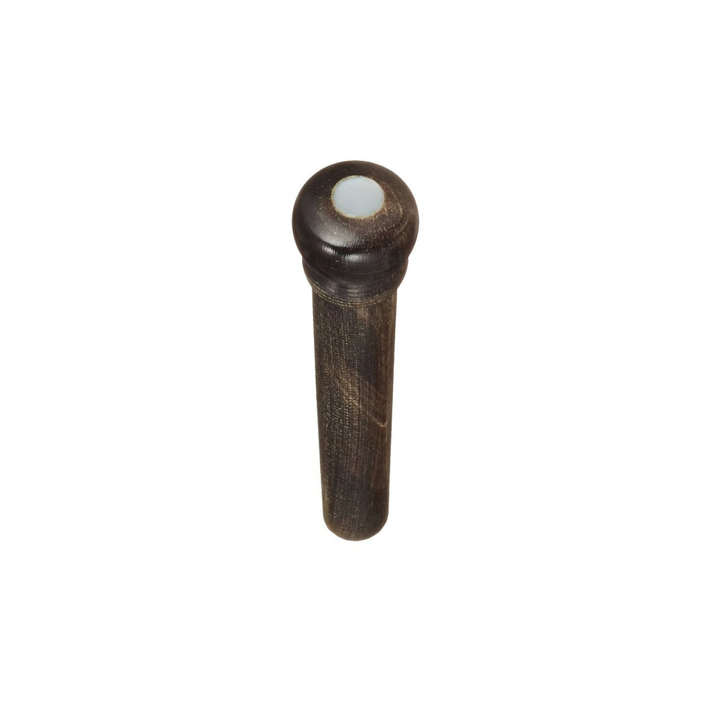 Single dark brown wooden bridge pin with a white dot on the rounded top.