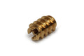 Gold-colored metal threaded mounting screw insert shown on white background.