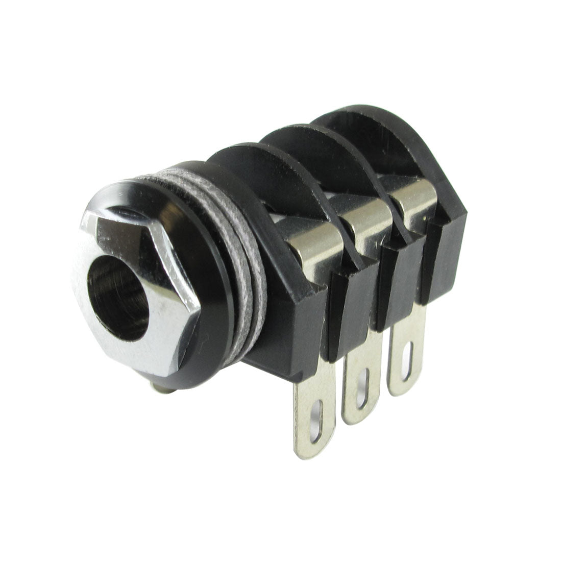 Black plastic and metal cylindrical audio jack socket with three metal tab connectors and a hexagonal nut.