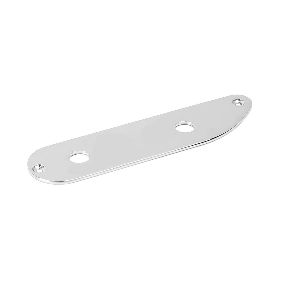 Chrome metal control plate with two round holes and two screw holes on each end.