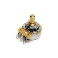 Metal potentiometer with short gold-colored shaft, three solder lug connectors, and a beige plastic base on white background.