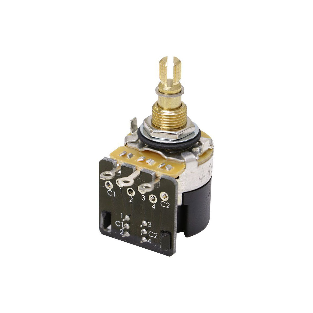 A push-pull potentiometer with solder lugs and a gold rotary shaft mounted on a black base.