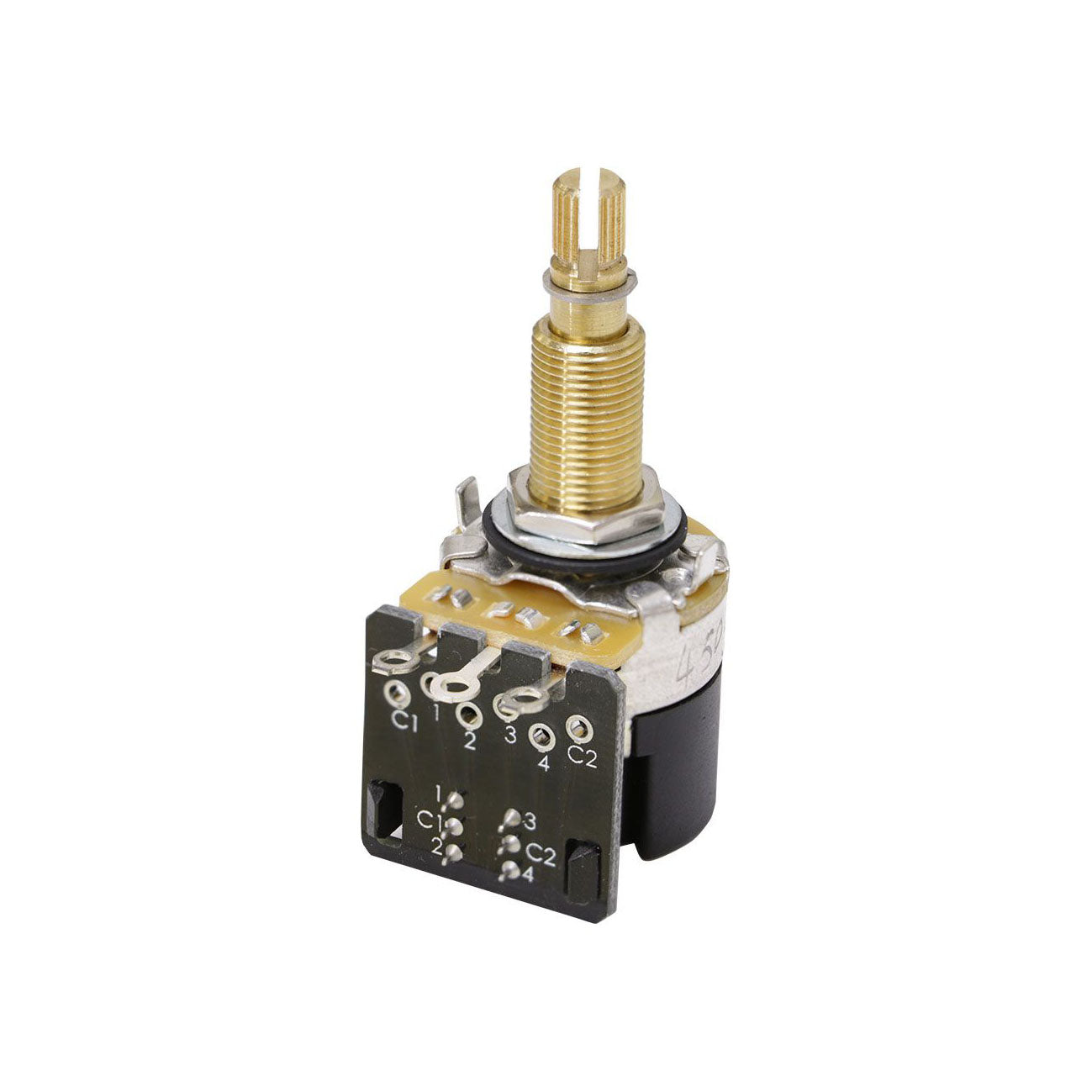 Metal rotary potentiometer with a long threaded shaft and several solder lugs on a black base.