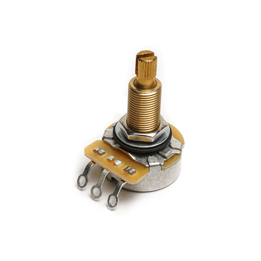 Close-up of a metal rotary potentiometer with three solder lugs and a long threaded shaft with a knurled end.