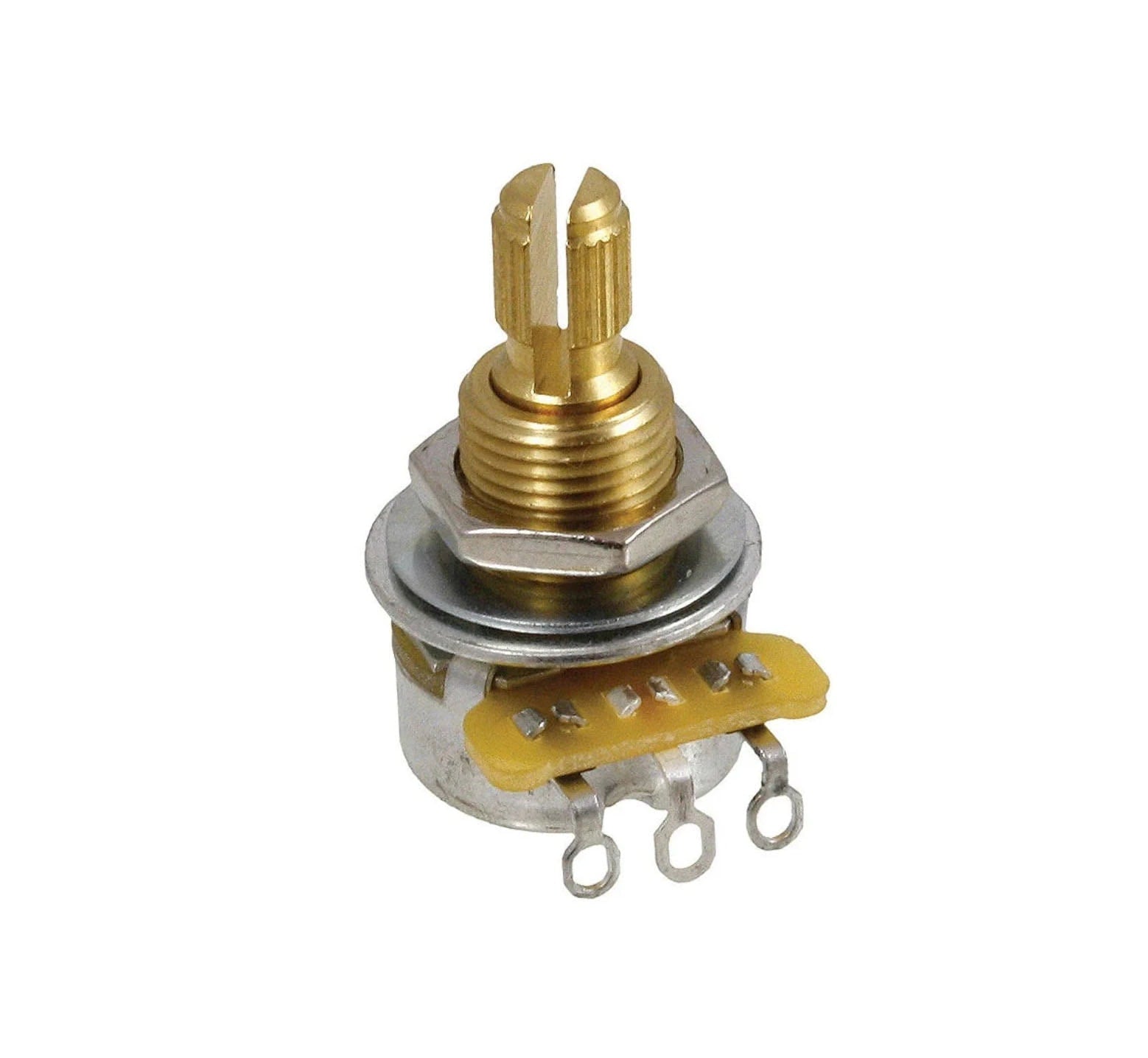 Metal rotary control potentiometer with split short shaft and three solder lug terminals on a white background.