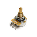 Metal potentiometer with a gold split shaft, three solder lug terminals, and a yellow circuit board segment.