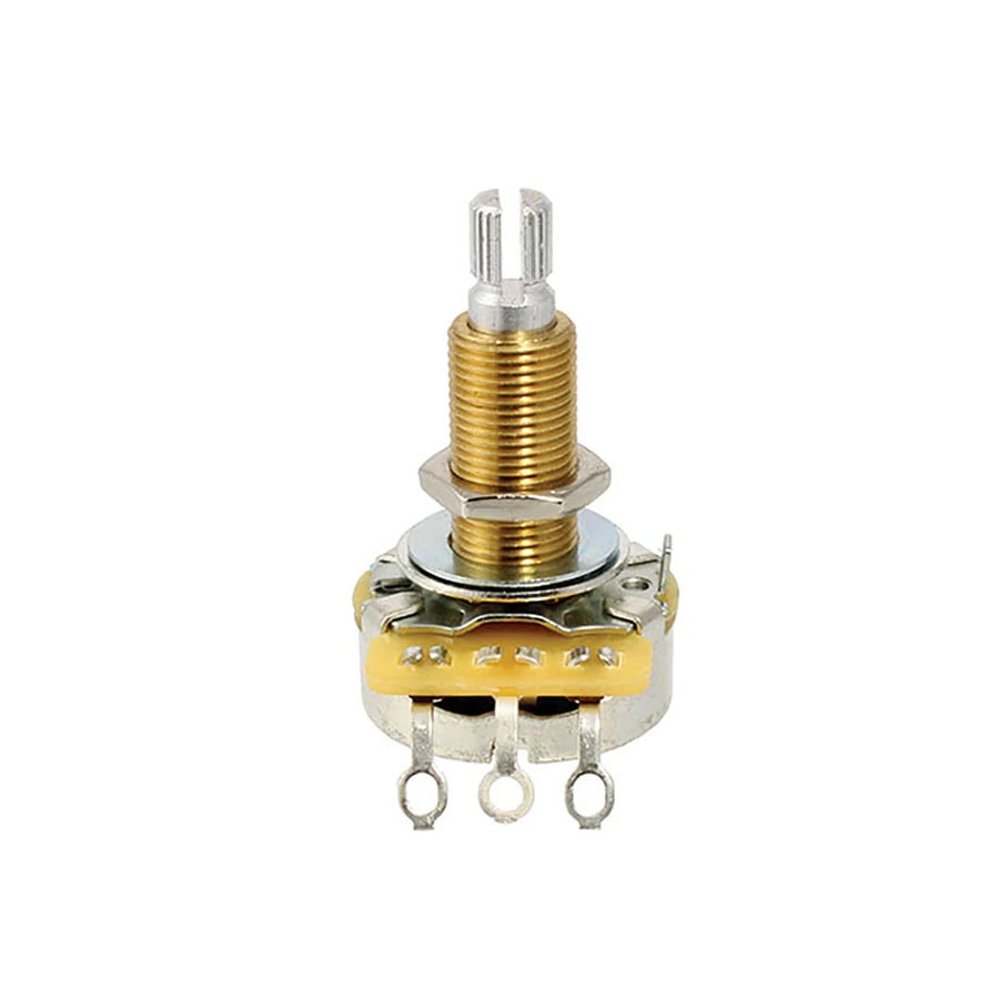 Single rotary potentiometer with threaded shaft and three solder lug terminals on a white background.