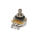 Close-up of a small metal rotary control potentiometer with three solder lugs and a split shaft.