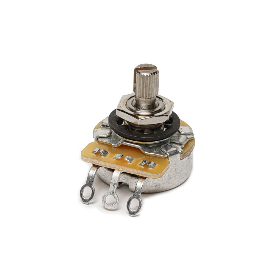Close-up of a small metal rotary control potentiometer with three solder lugs and a split shaft.