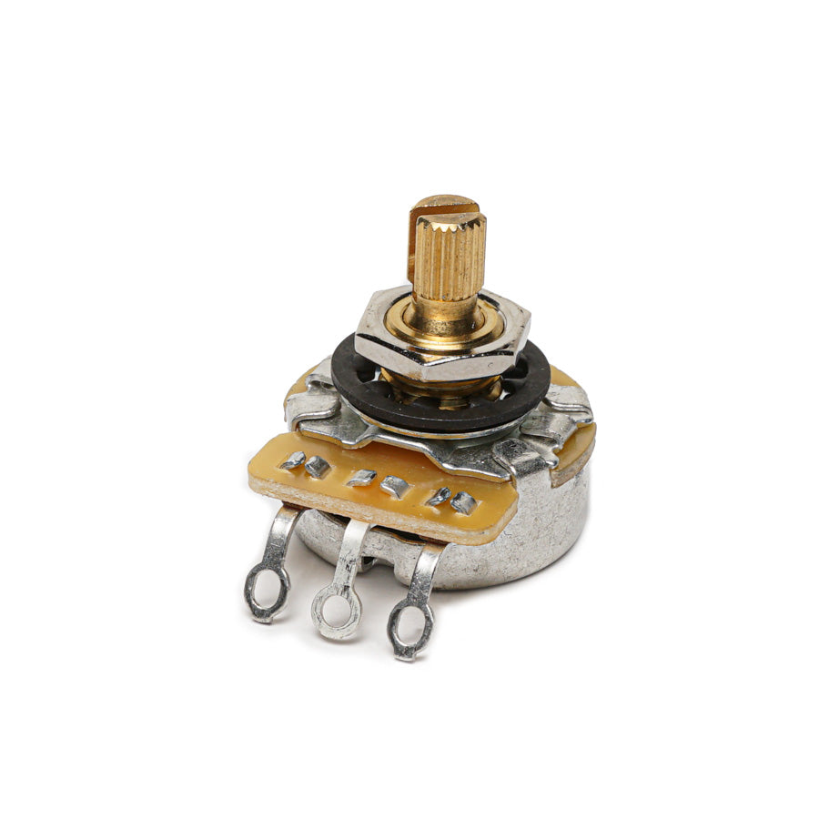Close-up of a small rotary potentiometer with three solder lugs and a short knurled shaft on a white background.