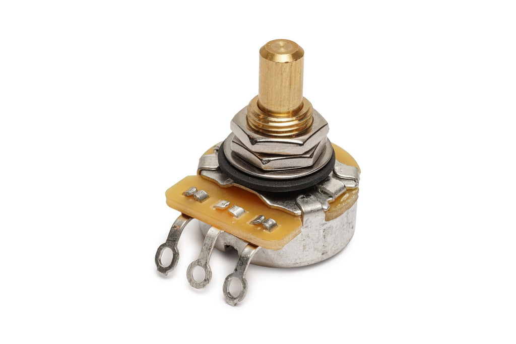 Solid shaft rotary potentiometer with three solder lugs and a beige circuit board base