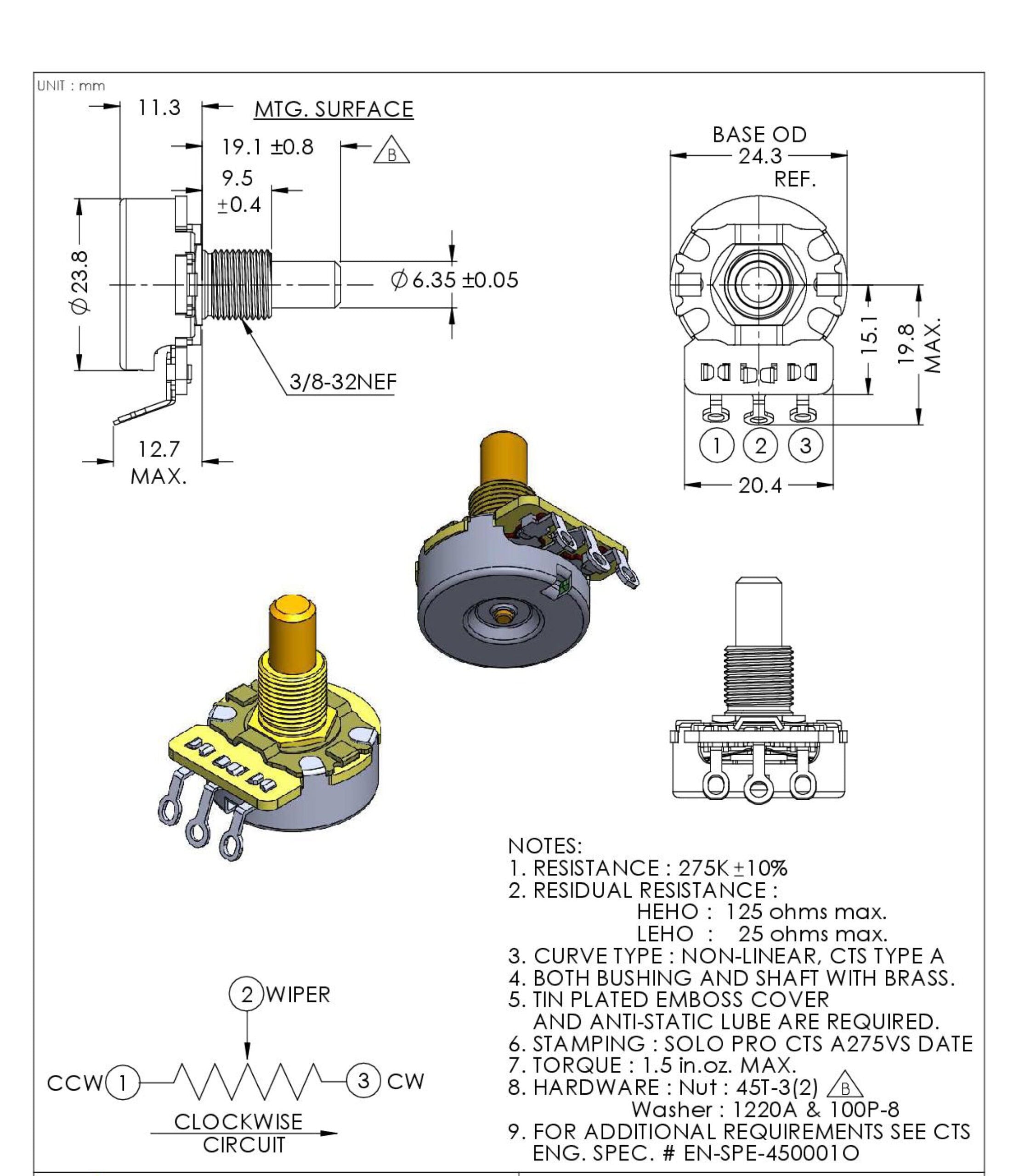 Solo Pro CTS Vintage 275K-A Solid Shaft Audio Taper Potentiometer – Imperial