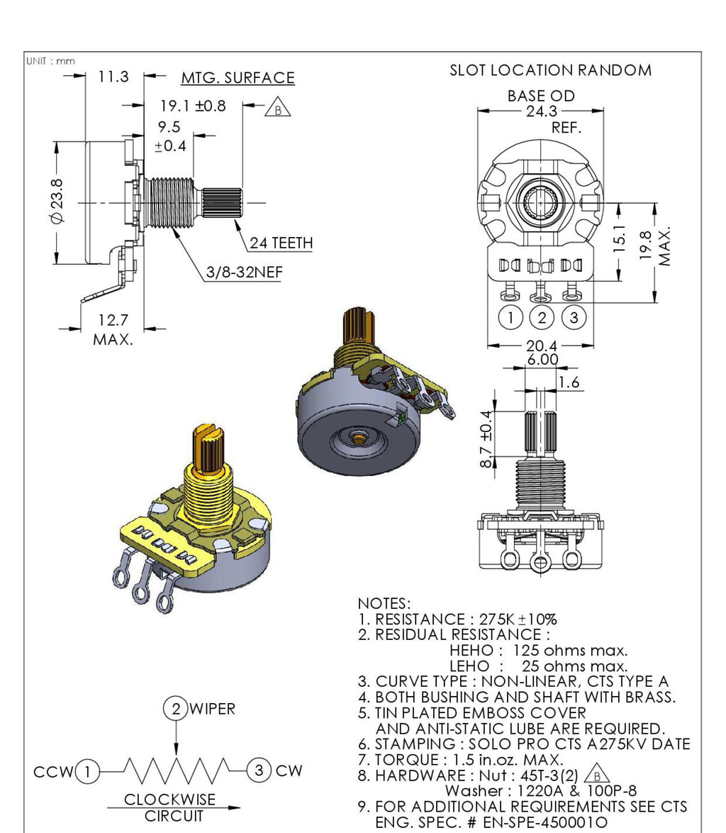 Solo Pro CTS Vintage 275K-A Split Shaft Audio Taper Potentiometer – Imperial