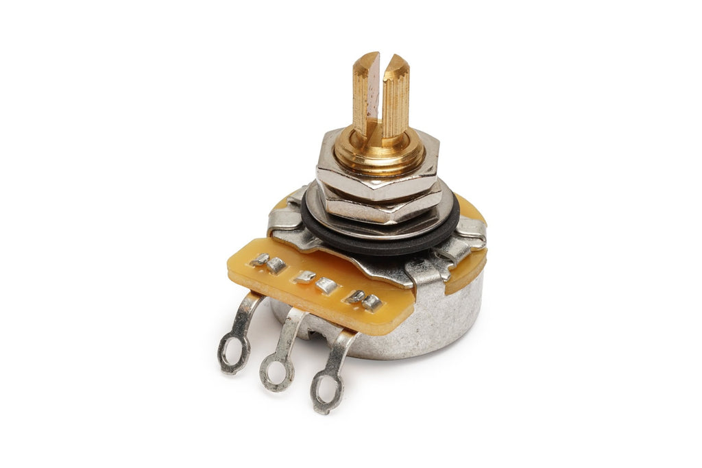 Close-up of a vintage-style split shaft potentiometer with three solder lugs and mounting hardware.