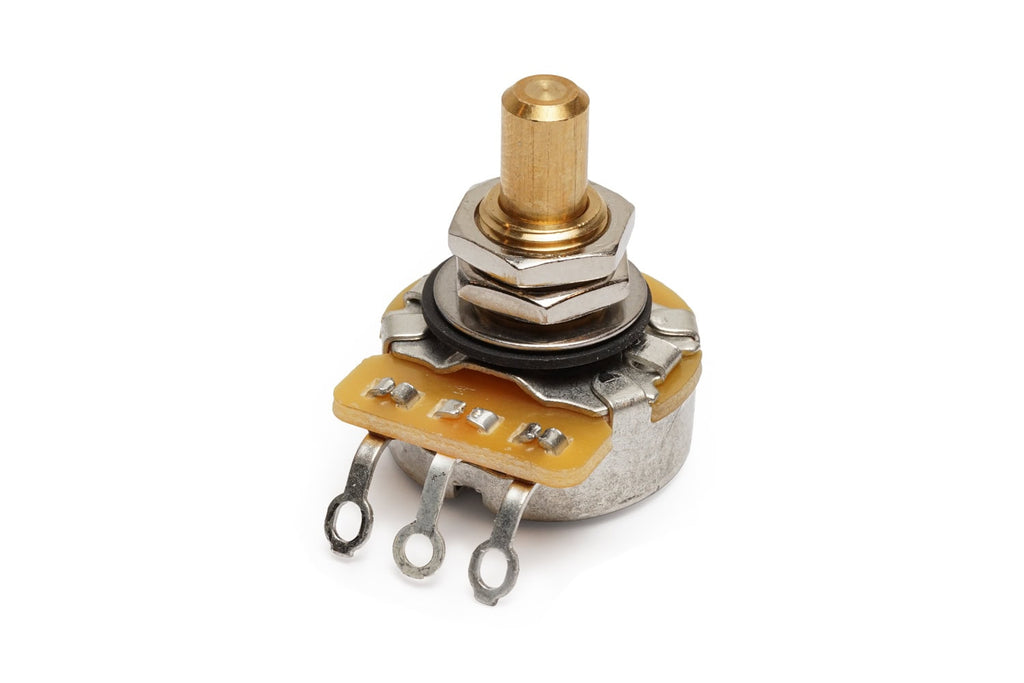 Close-up of a solid shaft rotary potentiometer with three soldering lugs and mounting hardware.