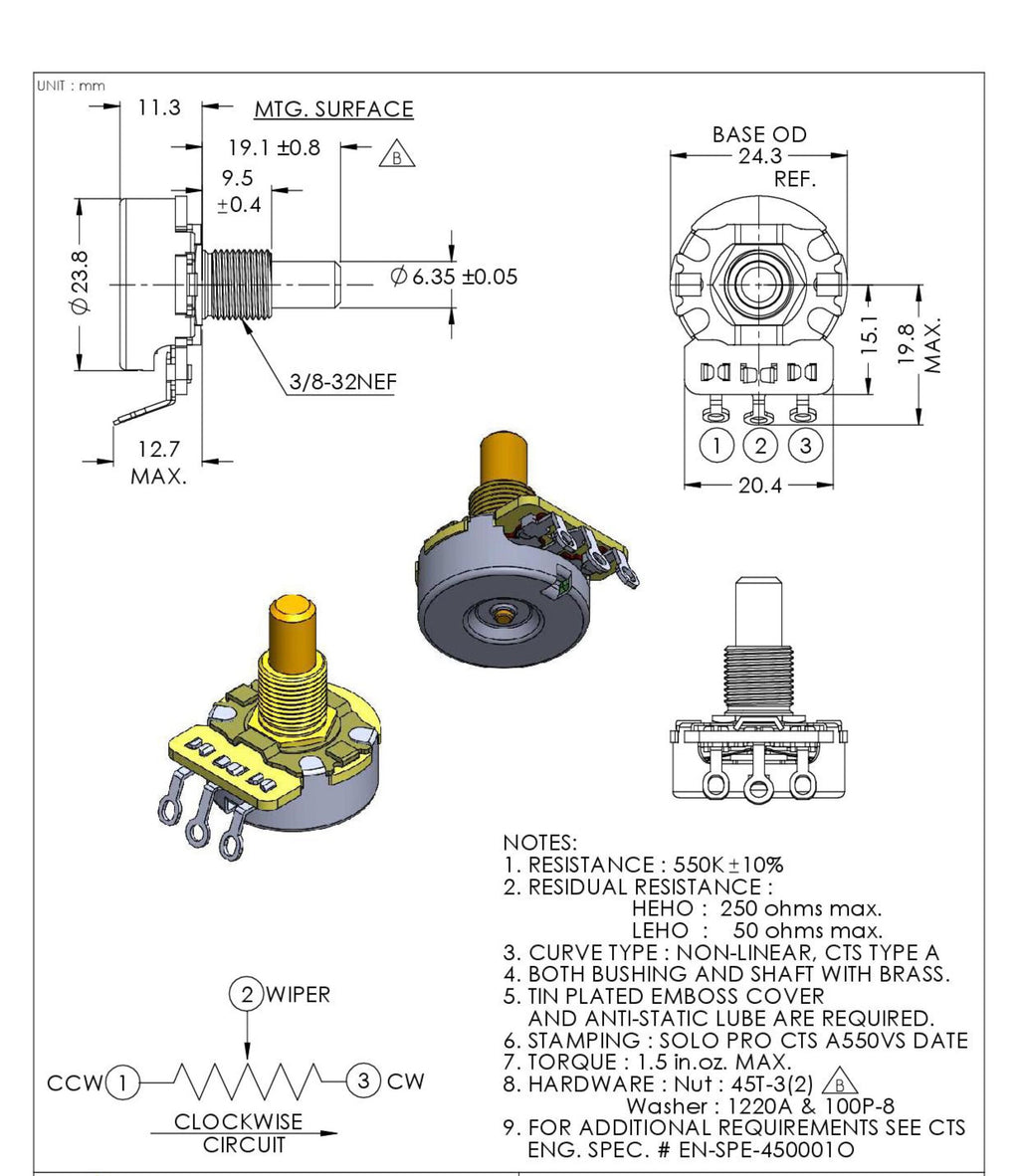 Solo Pro CTS Vintage 550K-A Solid Shaft Audio Taper Potentiometer – Imperial