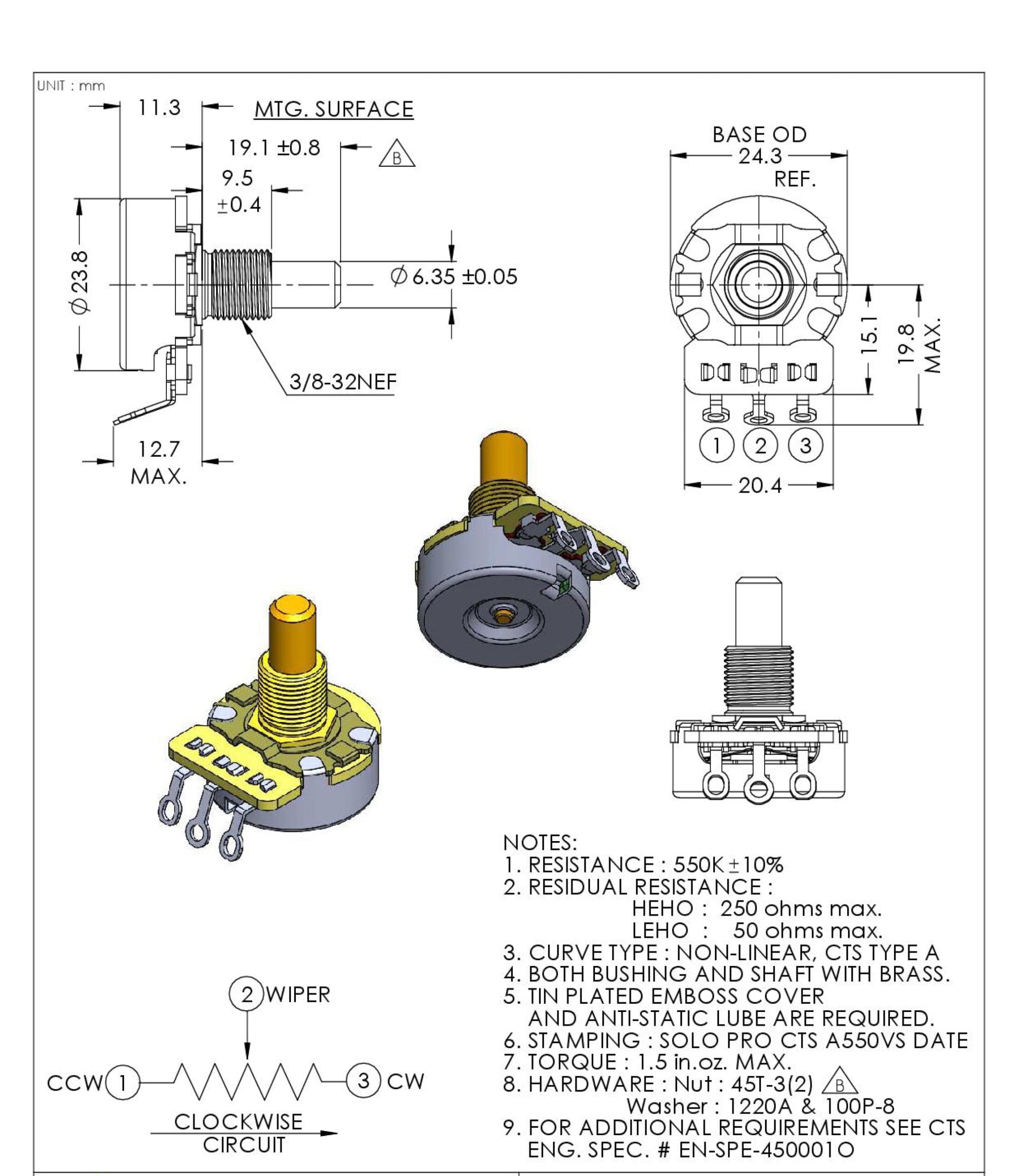 Solo Pro CTS Vintage 550K-A Solid Shaft Audio Taper Potentiometer – Imperial