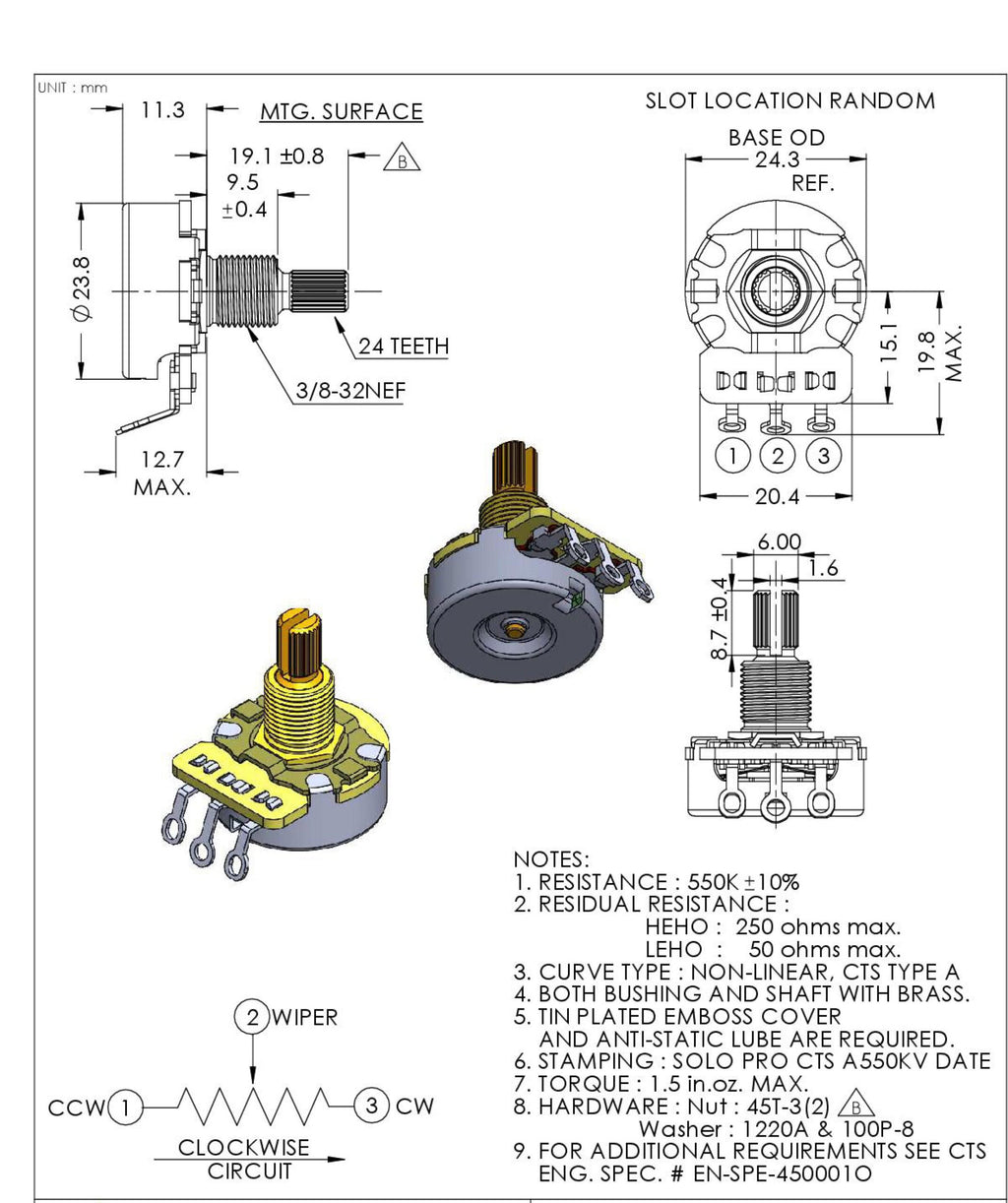 Solo Pro CTS Vintage 550K-A Split Shaft Audio Taper Potentiometer – Imperial