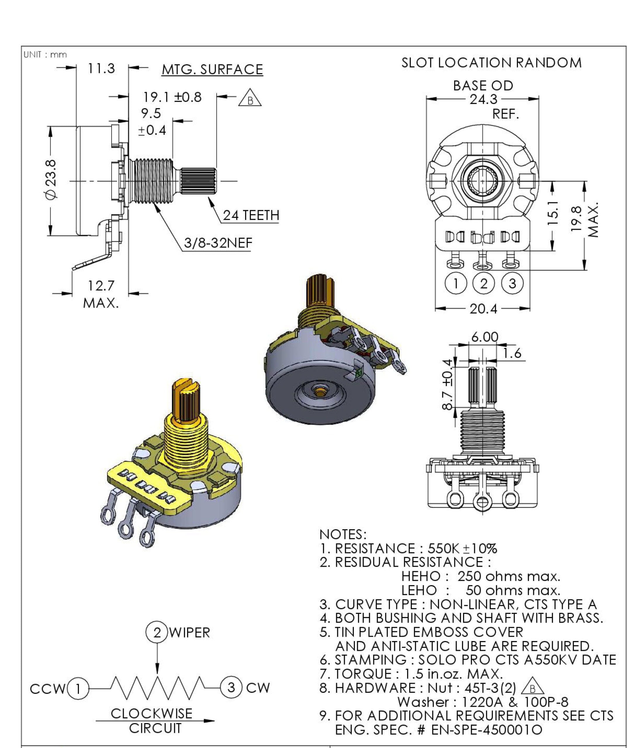 Solo Pro CTS Vintage 550K-A Split Shaft Audio Taper Potentiometer – Imperial