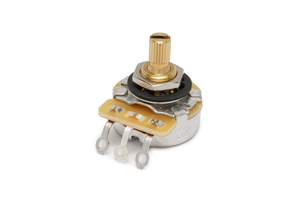 A gold-toned short split shaft rotary potentiometer with three solder lugs and a hex nut.