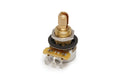 Metal rotary potentiometer with a split shaft, hex nut, and three solder lugs on a white background.
