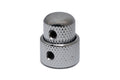Two concentric chrome metal knobs with a knurled texture and black screws on a white background.