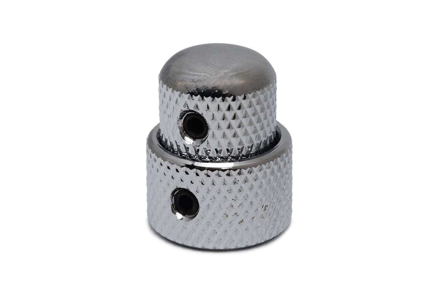 Two concentric chrome metal knobs with a knurled texture and black screws on a white background.