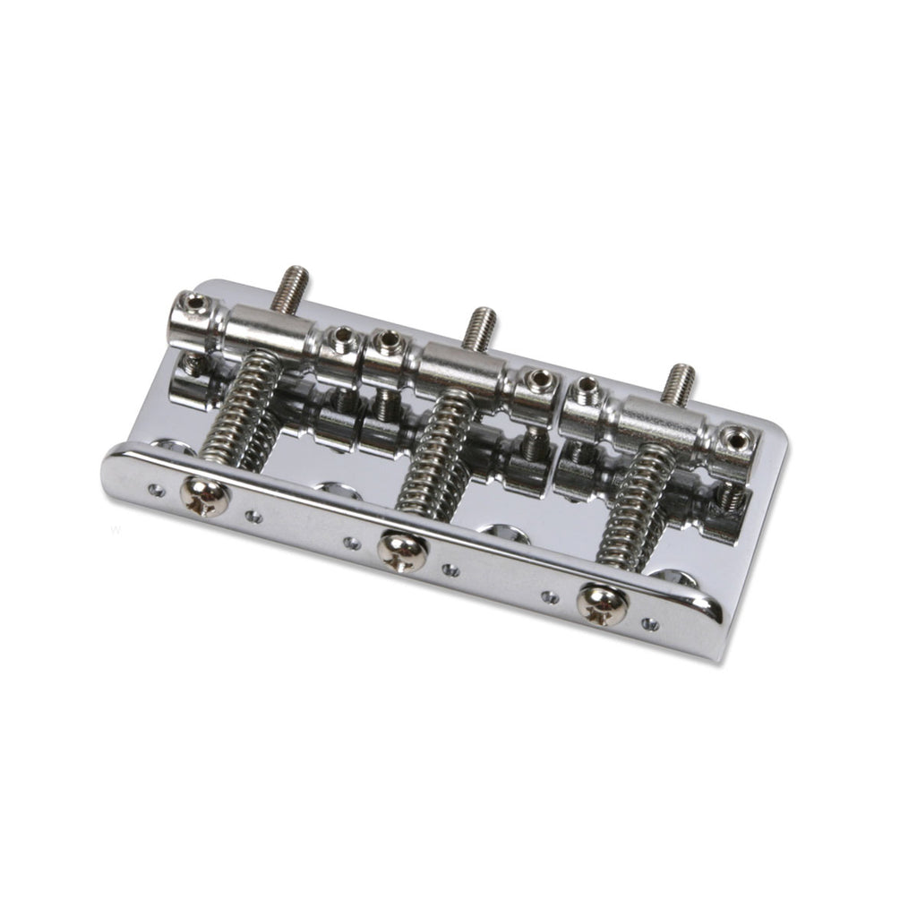 Silver metal fixed bridge for a guitar with four adjustable saddles and screws.