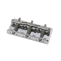 Silver metal fixed bridge for a guitar with four adjustable saddles and screws.