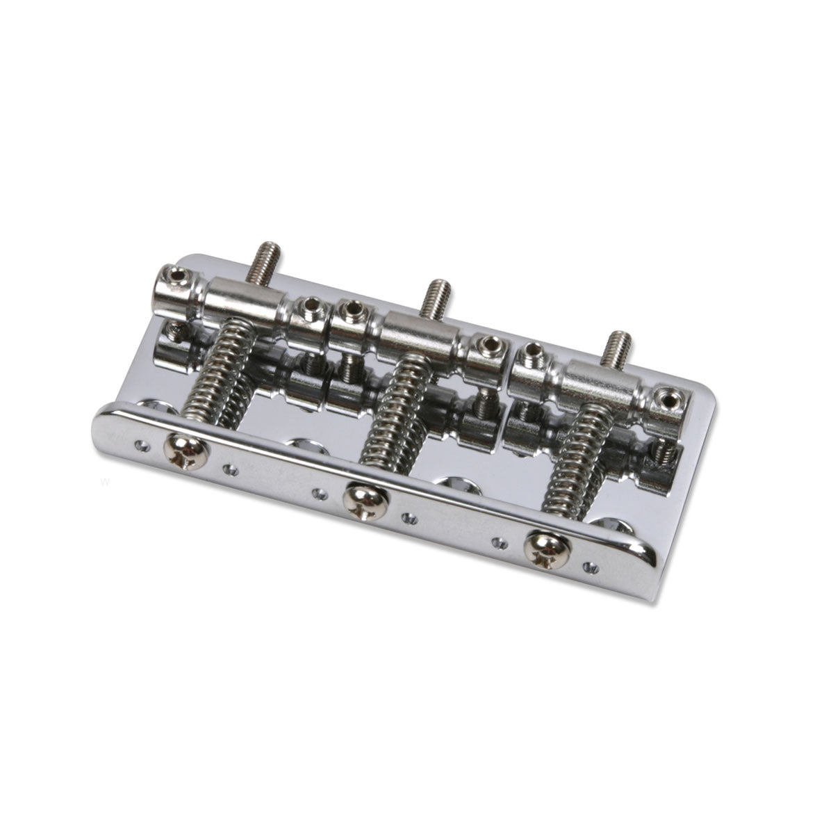 Silver metal fixed bridge for a guitar with four adjustable saddles and screws.