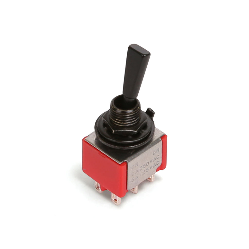 Red and silver toggle switch with black lever and solder lug terminals.