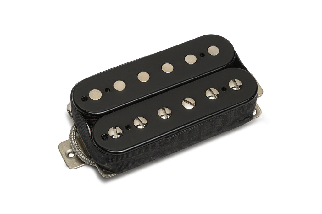 Black humbucker guitar pickup with metal pole pieces and braided wire on a white background.