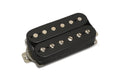 Black humbucker guitar pickup with metal pole pieces and braided wire on a white background.