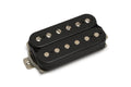 Black guitar humbucker pickup with silver screw poles and wire lead.