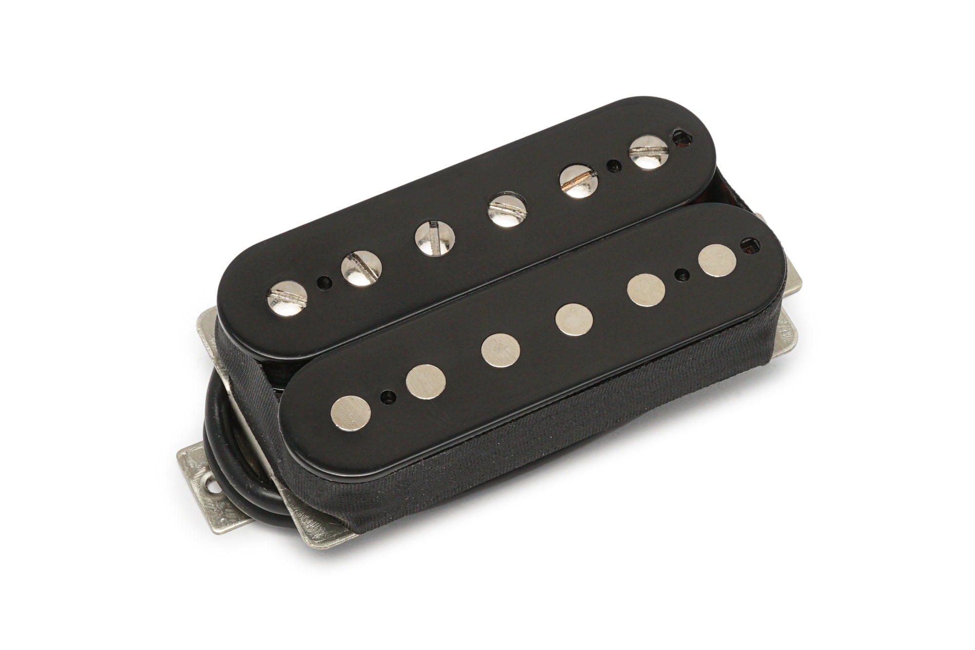 Black double-coil guitar pickup with silver pole pieces and attached black wire on white background.