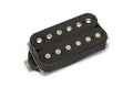 Black dual-coil guitar pickup with exposed pole screws and wire leads on a white background.