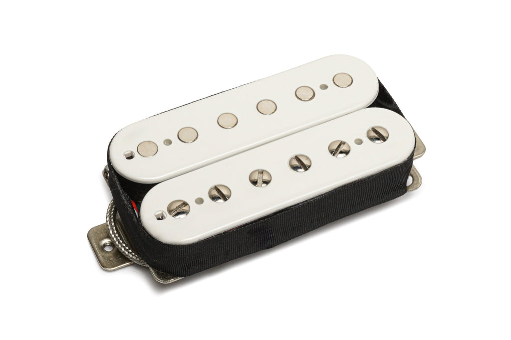 White double-coil humbucker style guitar pickup with metal mounting tabs and wire leads.