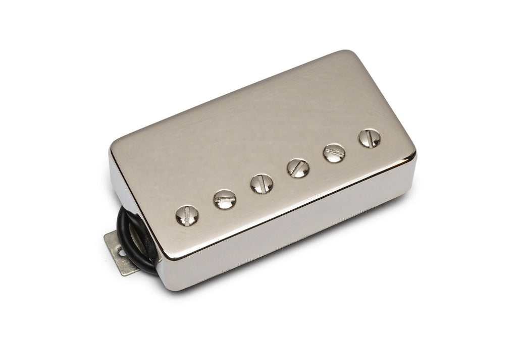 Chrome-covered rectangular guitar pickup with six adjustable pole screws and black insulated wire attached.