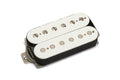 White humbucker guitar pickup with exposed pole pieces and braided cable on a white background