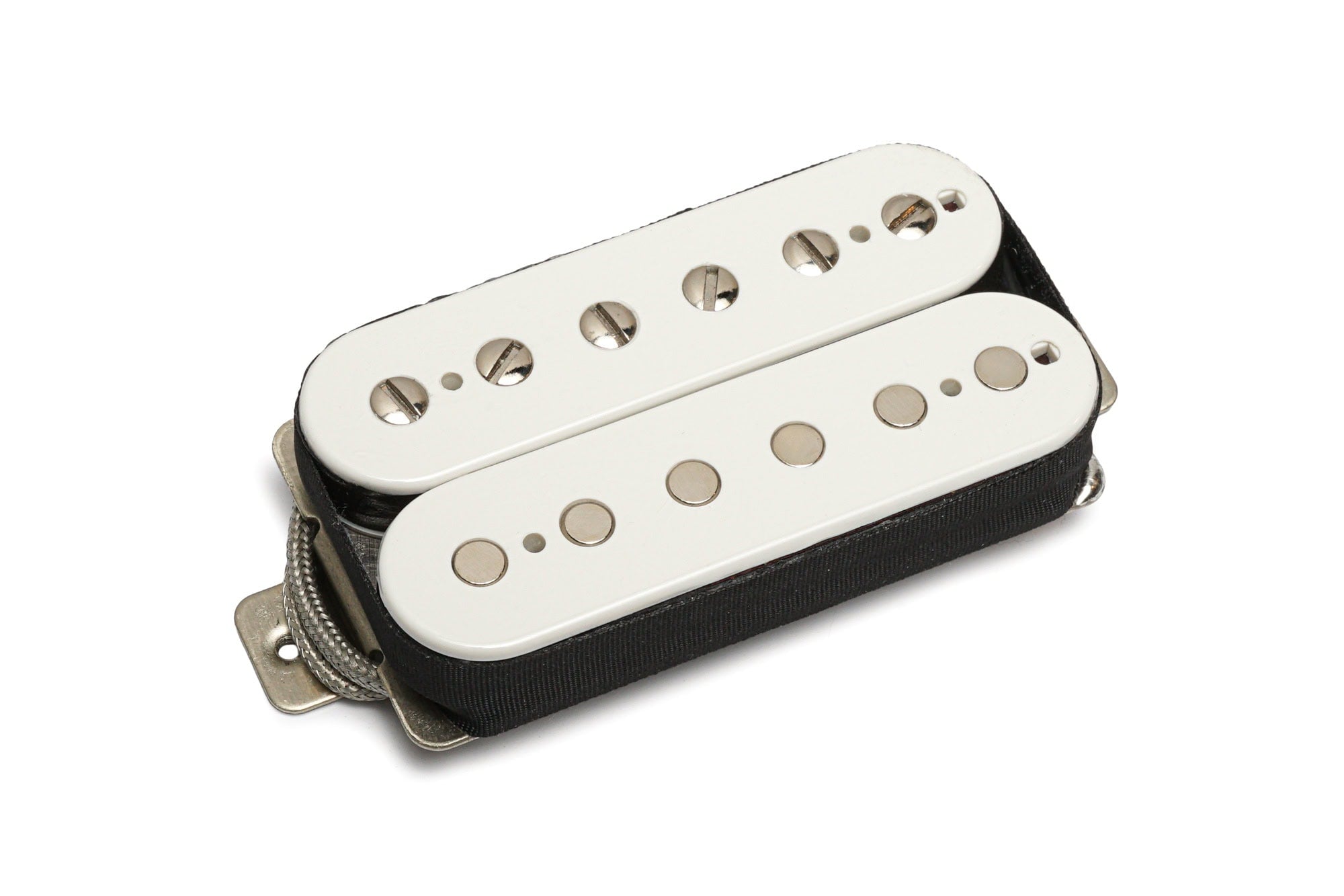 White humbucker guitar pickup with exposed pole pieces and braided cable on a white background