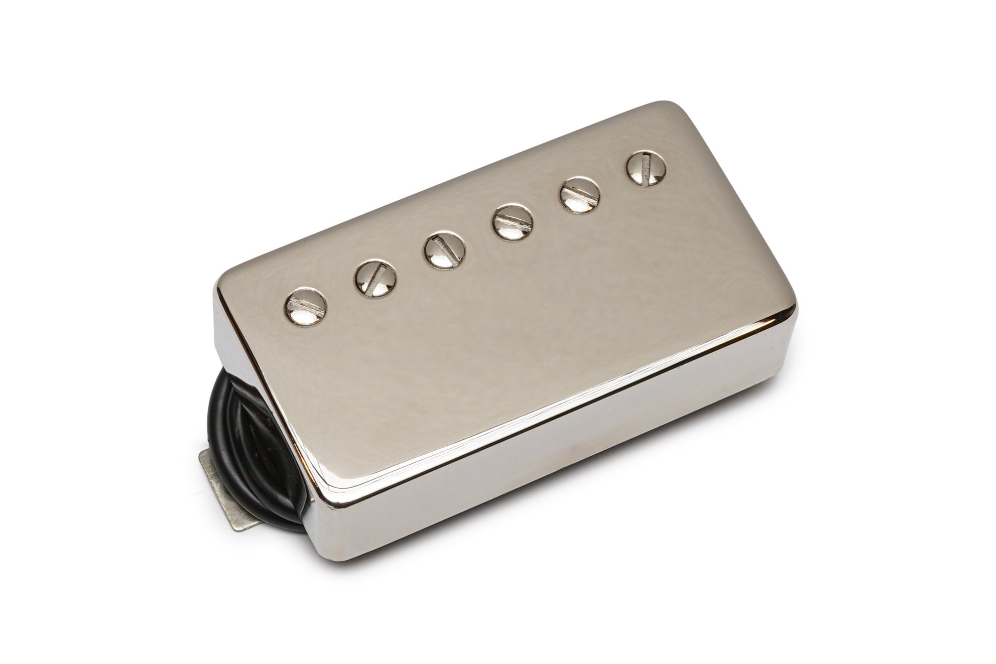 Silver metal guitar pickup with six visible screws and attached black wire coil on a white background.