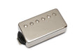 Rectangular silver metal guitar pickup with six screws and attached black wire coiled underneath.