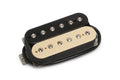 Black and cream ceramic electric guitar bridge pickup with six adjustable pole screws and attached wire.