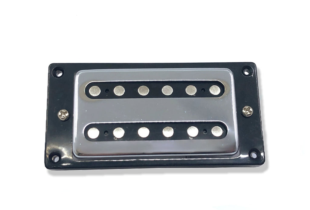 Rectangular humbucker guitar pickup with black base and chrome cover with six pole pieces on each side.